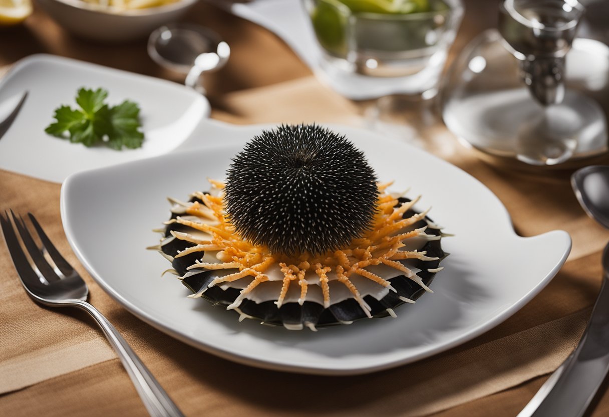 A crab and sea urchin are arranged on a plate with a garnish, next to a stack of recipe cards labeled "Frequently Asked Questions."