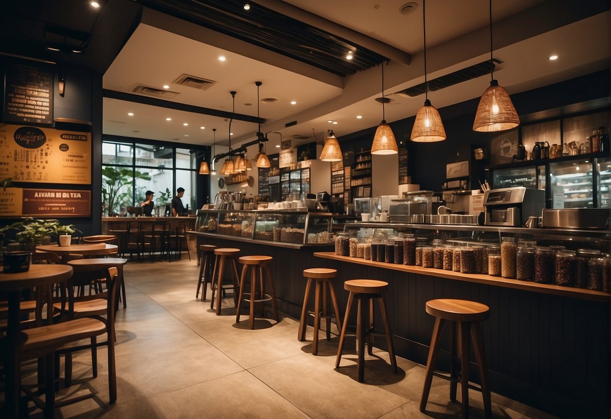 A bustling coffee shop in Singapore with vibrant promotions for Coffee Bean and Tea Leaf displayed on colorful banners and signs