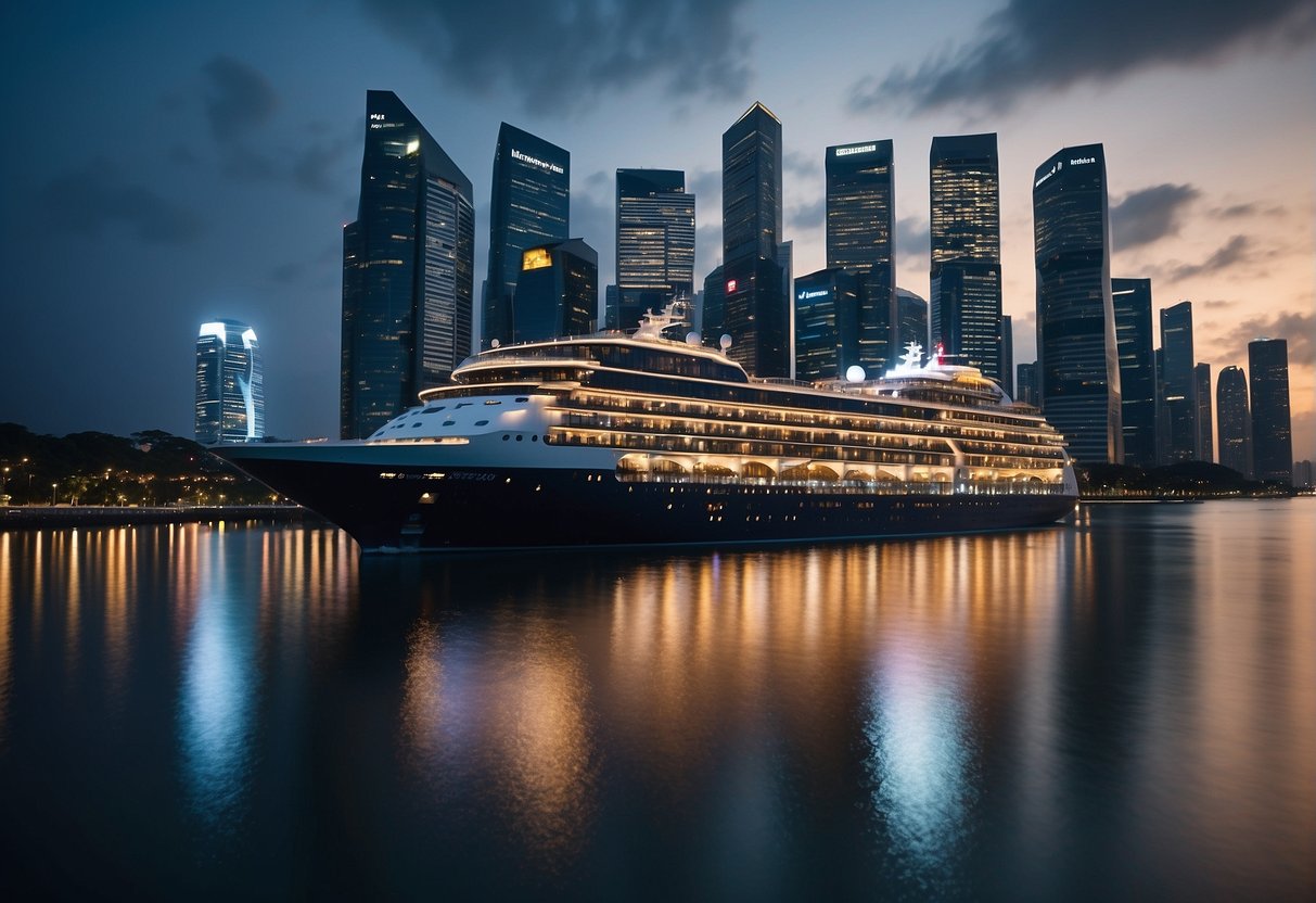 A luxurious cruise ship sails past the iconic skyline of Singapore, with the city's dazzling lights reflecting off the calm waters of the harbor