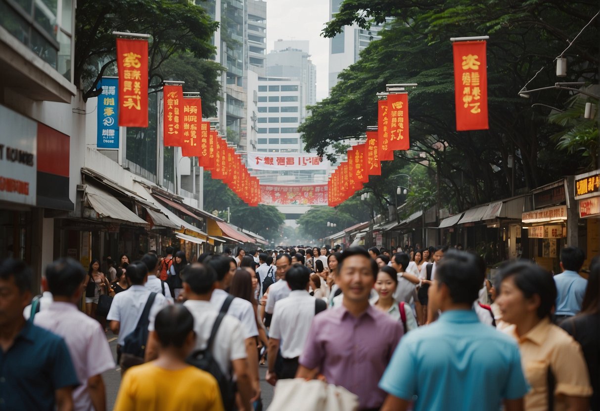 A bustling street in Singapore, with colorful banners and signs promoting Cordlife. Pedestrians pass by, while a sense of excitement and opportunity fills the air