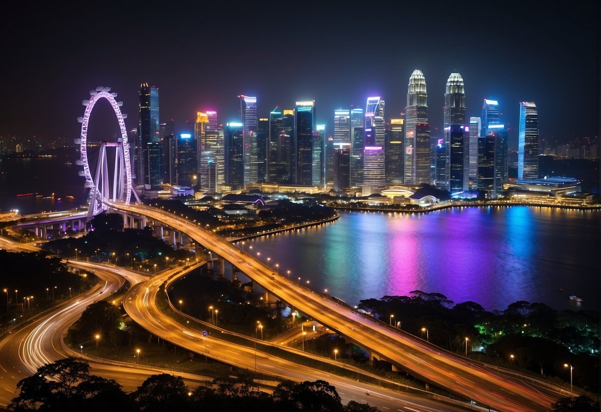 A vibrant display of exclusive Telco promotions for 2024, with colorful circles and the iconic skyline of Singapore in the background