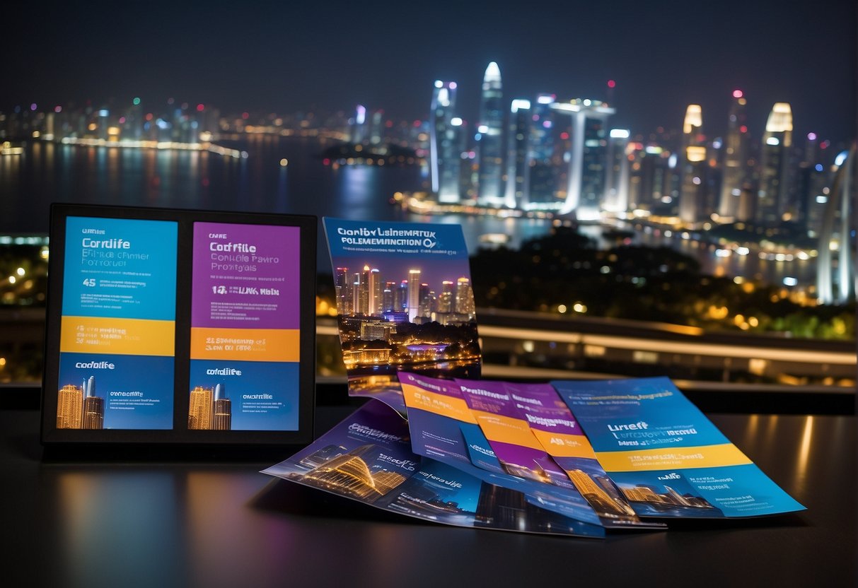A vibrant display of Cordlife promotion materials, including brochures, banners, and informative posters, set against a backdrop of a bustling Singapore cityscape