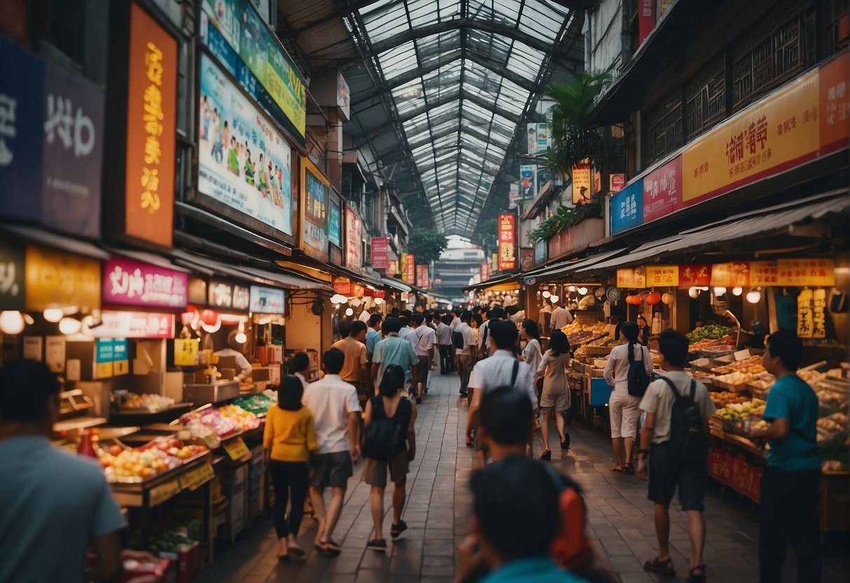 A bustling marketplace with colorful signs advertising promotions and transaction offers in Singapore