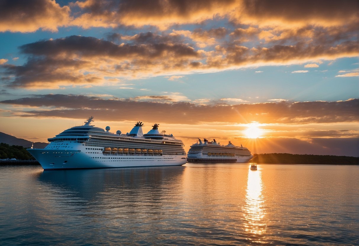 A cruise ship sailing through a sparkling blue ocean, with a vibrant sunset in the background and a banner displaying "Exciting Cruise Promotions for 2024" fluttering in the breeze