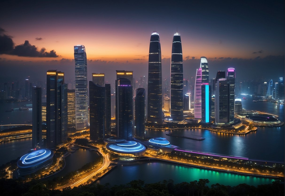 A futuristic city skyline with glowing neon signs advertising "Cordlife Promotions Singapore" against a backdrop of advanced technology and innovation