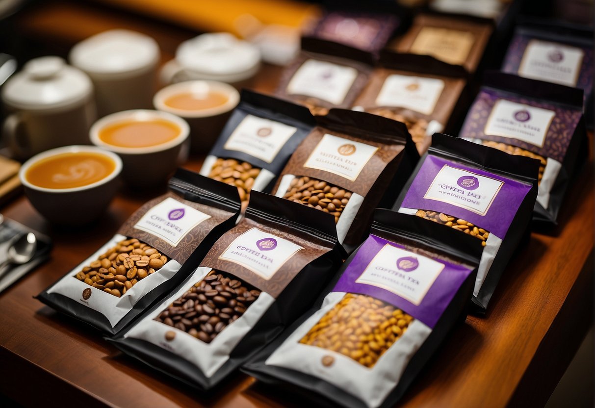 A colorful display of Coffee Aficionados promotions at Coffee Bean and Tea Leaf in Singapore. Various coffee beans and tea packages are showcased with vibrant signage