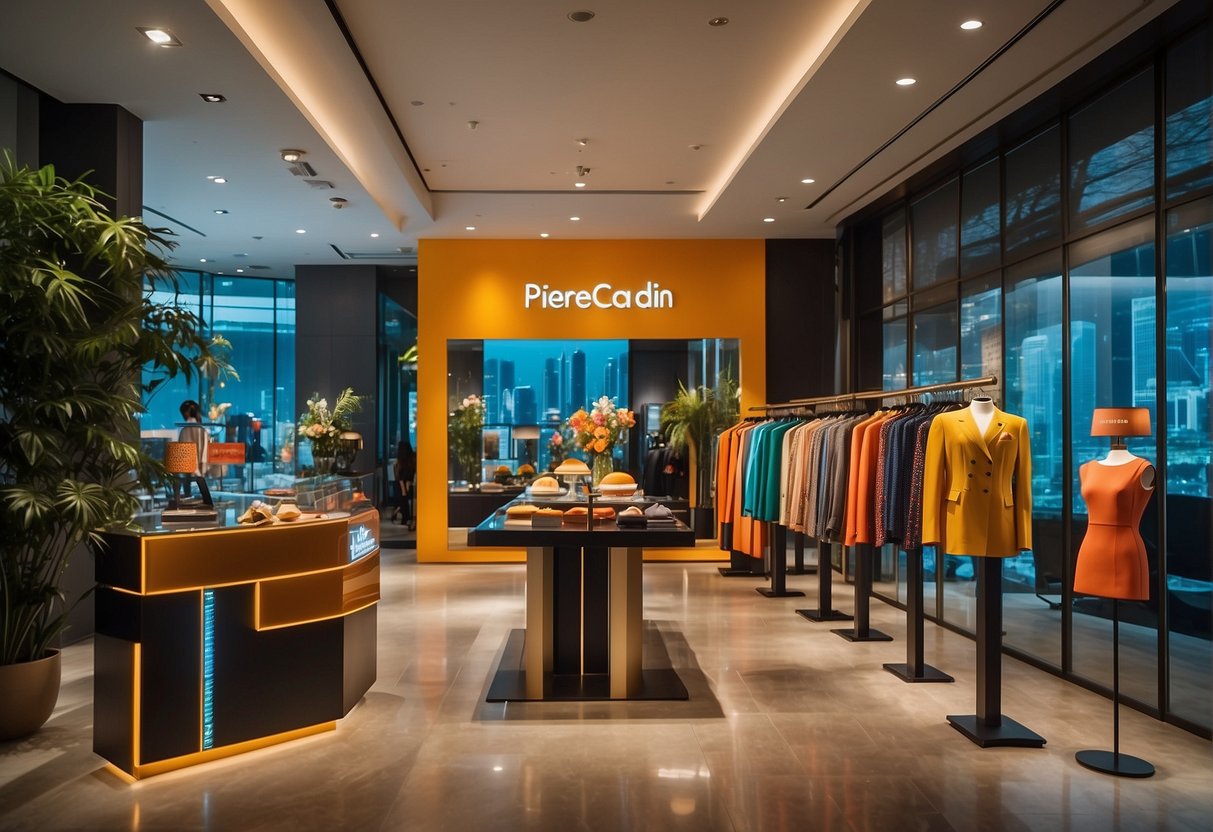 A vibrant display of Pierre Cardin promotions in Singapore, featuring eye-catching designs and luxurious fabrics. Bold signage and elegant product arrangements create an inviting atmosphere