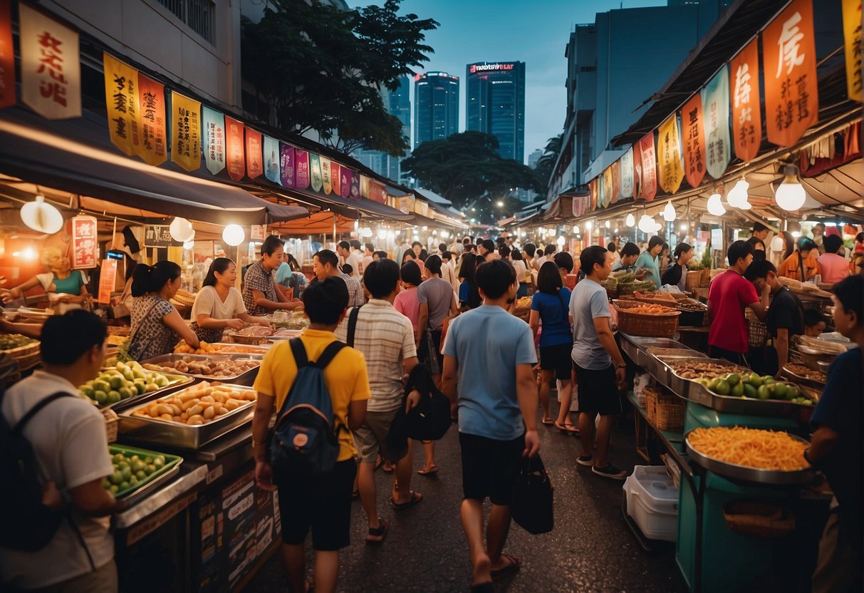 A bustling Singapore street market with colorful banners promoting pressure cookers, surrounded by eager shoppers and vendors