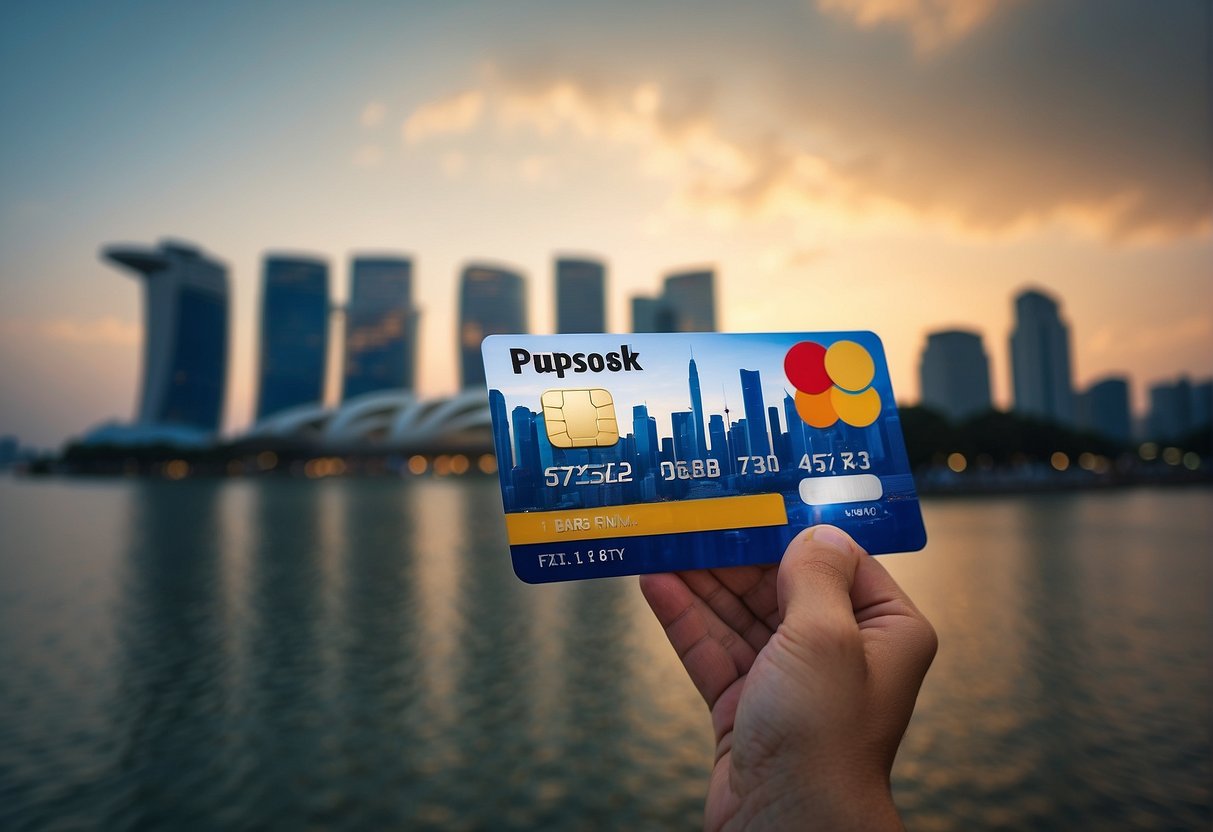 A credit card with "Pupsik" branding surrounded by colorful promotional banners and text, set against the iconic Singapore skyline