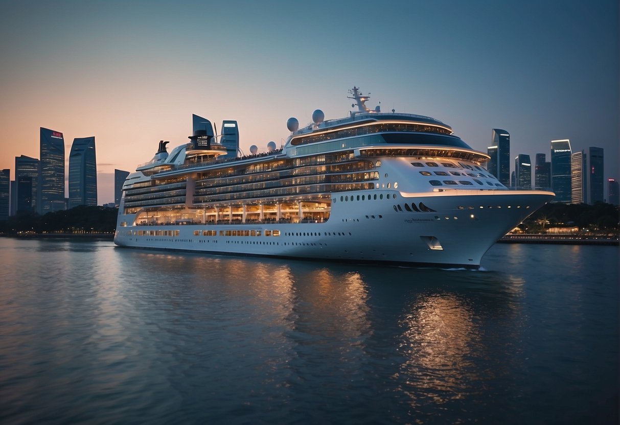 A luxurious cruise ship sailing through the sparkling waters of Singapore, with elegant accommodations and exclusive offers prominently displayed