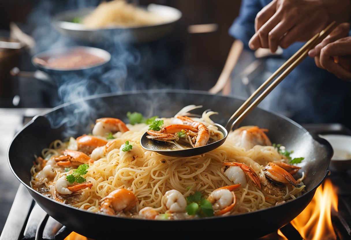 A crab bee hoon dish sizzling in a wok, with fresh crab, noodles, and aromatic spices being tossed together over a hot flame