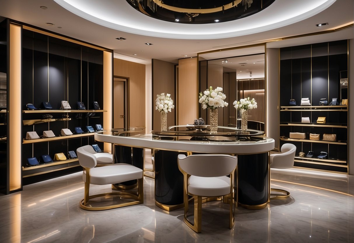 A luxurious setting with Pierre Cardin products displayed in a sleek, modern Singapore showroom. Bright lights and elegant decor highlight the exclusive 2024 promotions