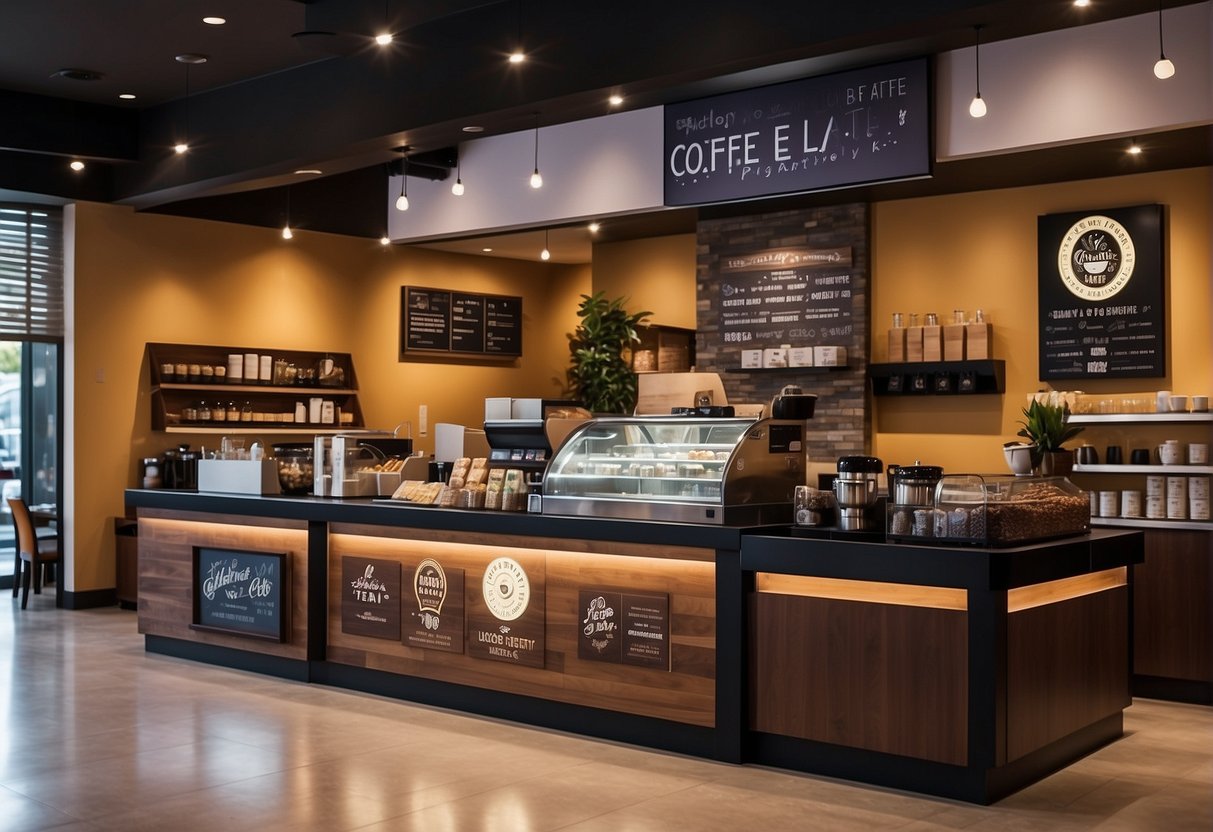 A vibrant coffee shop with a sign for the Loyalty Programme Benefits at Coffee Bean and Tea Leaf in Singapore, showcasing various promotions and discounts
