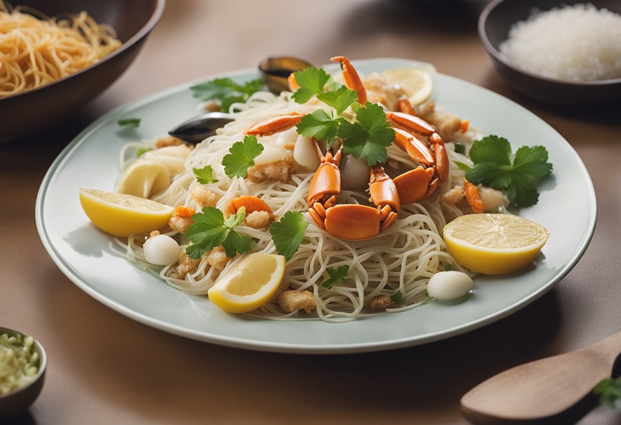 A table with crab, bee hoon, and various substitute ingredients