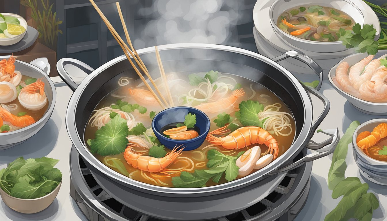 A steaming pot of Chinese seafood soup simmers on a stove in a bustling Singapore kitchen. Fresh fish, prawns, and vegetables float in a fragrant broth, garnished with aromatic herbs