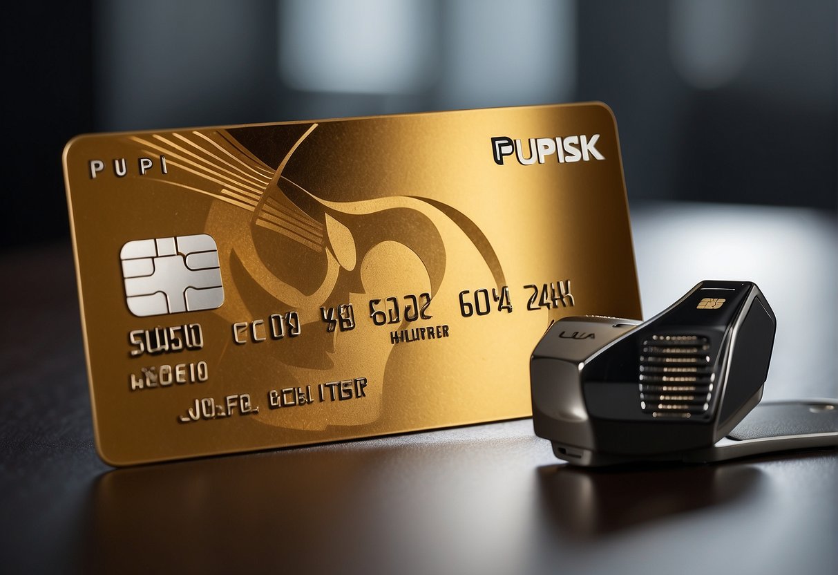 A golden credit card with the Pupsik logo sits on a sleek, modern table. The card is surrounded by various promotional materials for 2024, including banners and brochures