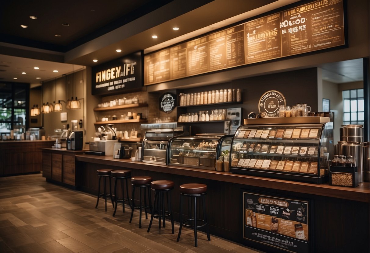 A bustling coffee shop with a prominent "Frequently Asked Questions" sign and various promotional displays for Coffee Bean and Tea Leaf in Singapore