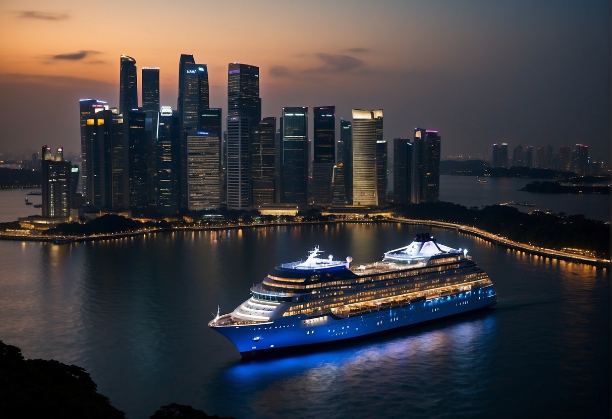 A luxurious cruise ship sails past the iconic skyline of Singapore, with the city's vibrant lights twinkling in the evening sky