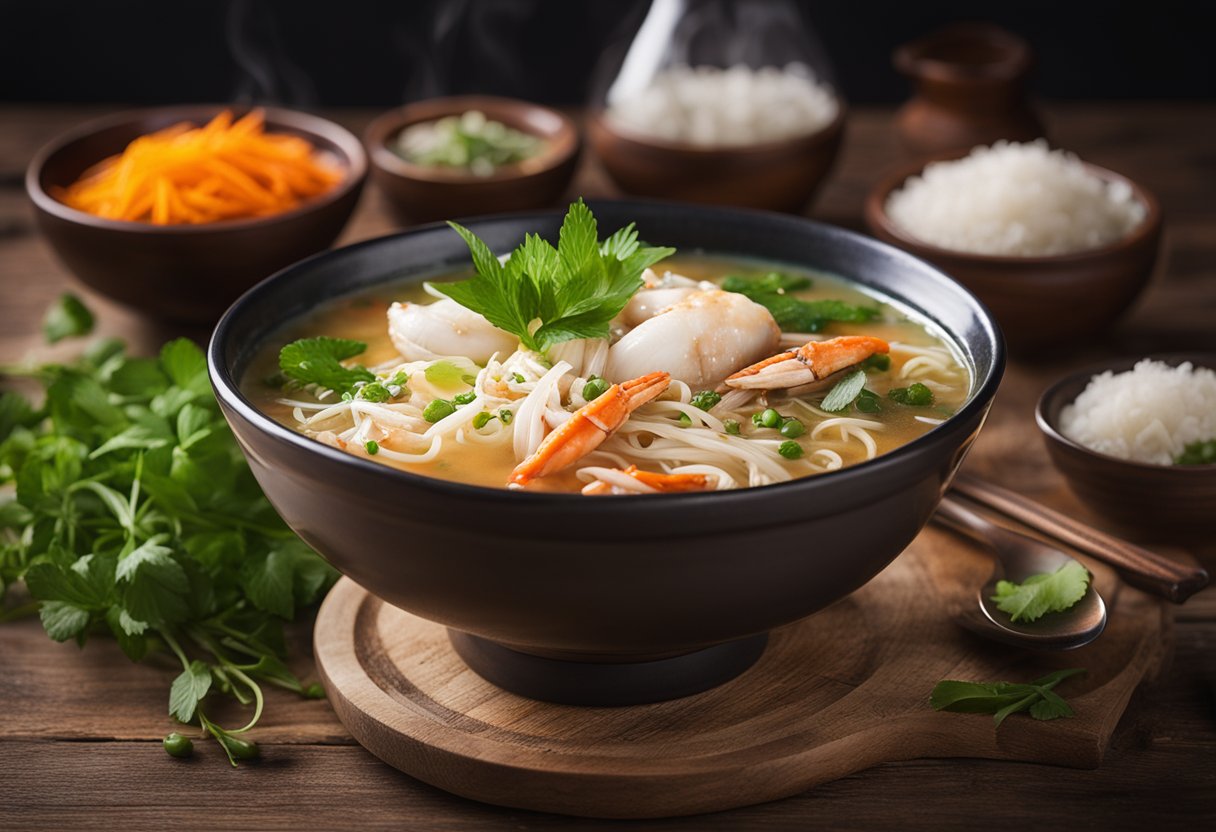 A steaming bowl of crab bee hoon soup sits on a rustic wooden table, garnished with fresh herbs and surrounded by colorful spices and ingredients