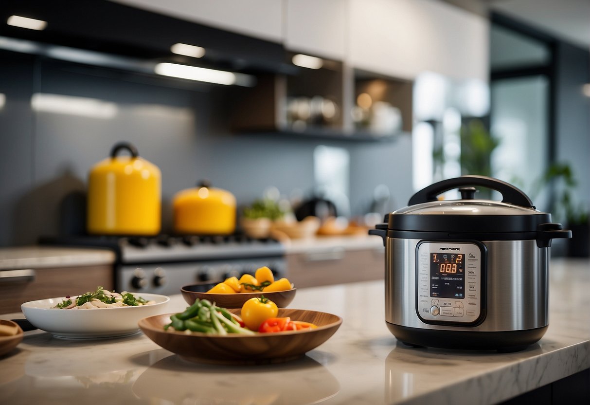 A modern kitchen with various appliances on display, featuring a prominent pressure cooker with a promotional sign in a Singaporean setting