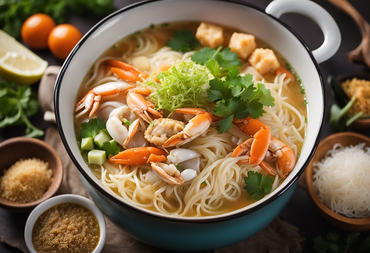 A pot of crab bee hoon soup surrounded by ingredients like crab, noodles, and various substitution options like tofu and vegetables