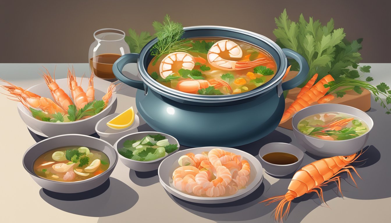 A steaming pot of Chinese seafood soup with prawns, fish, and vegetables simmering in a rich, flavorful broth. A variety of fresh herbs and spices are laid out on the kitchen counter