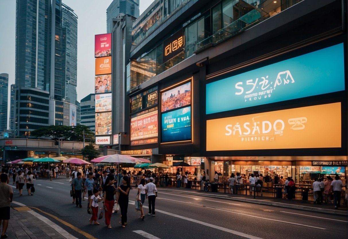 Vibrant cityscape of Singapore's Sasa Promotions store, with colorful billboards and bustling crowds