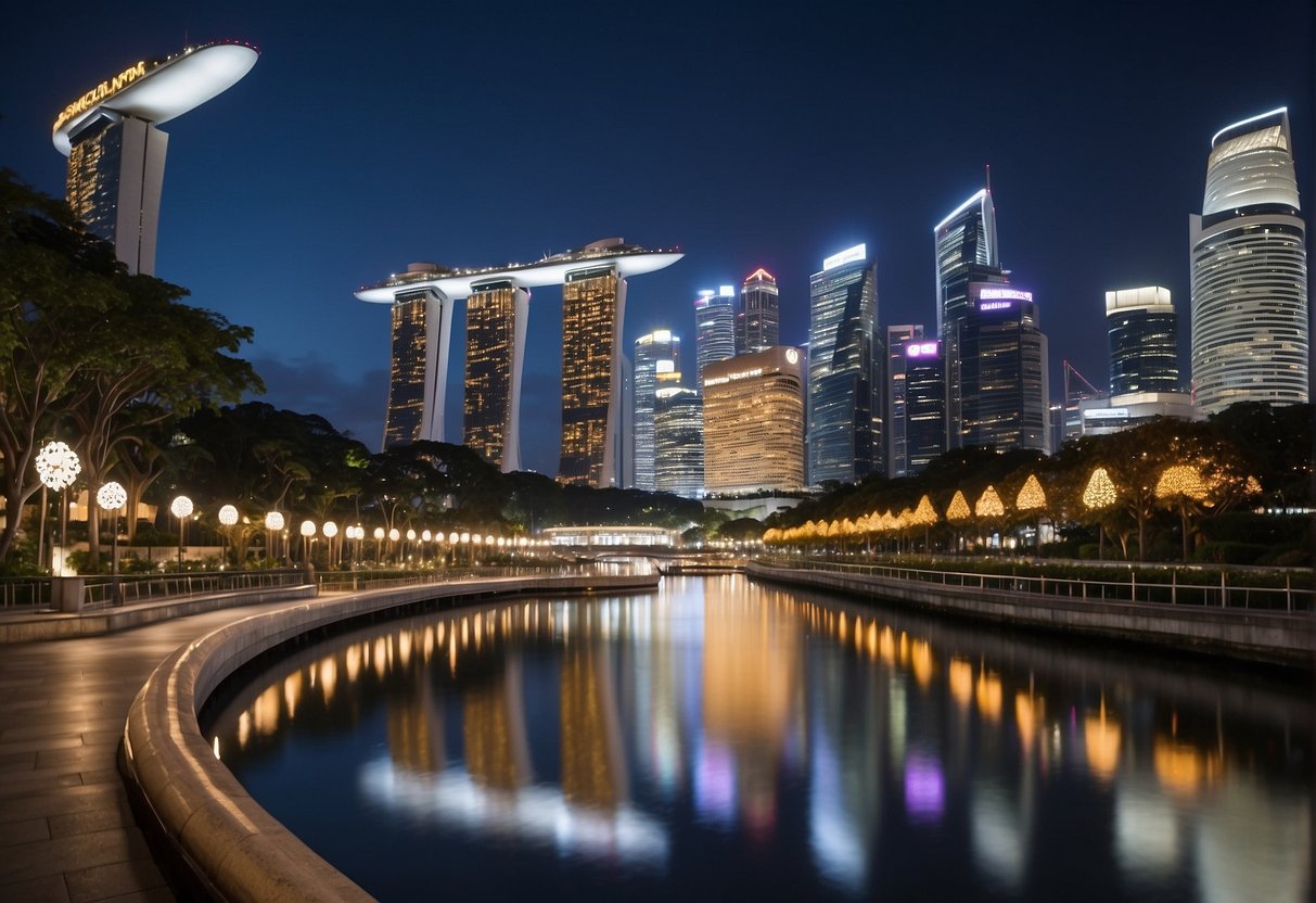Singapore skyline with PIA VPN logo displayed on prominent buildings