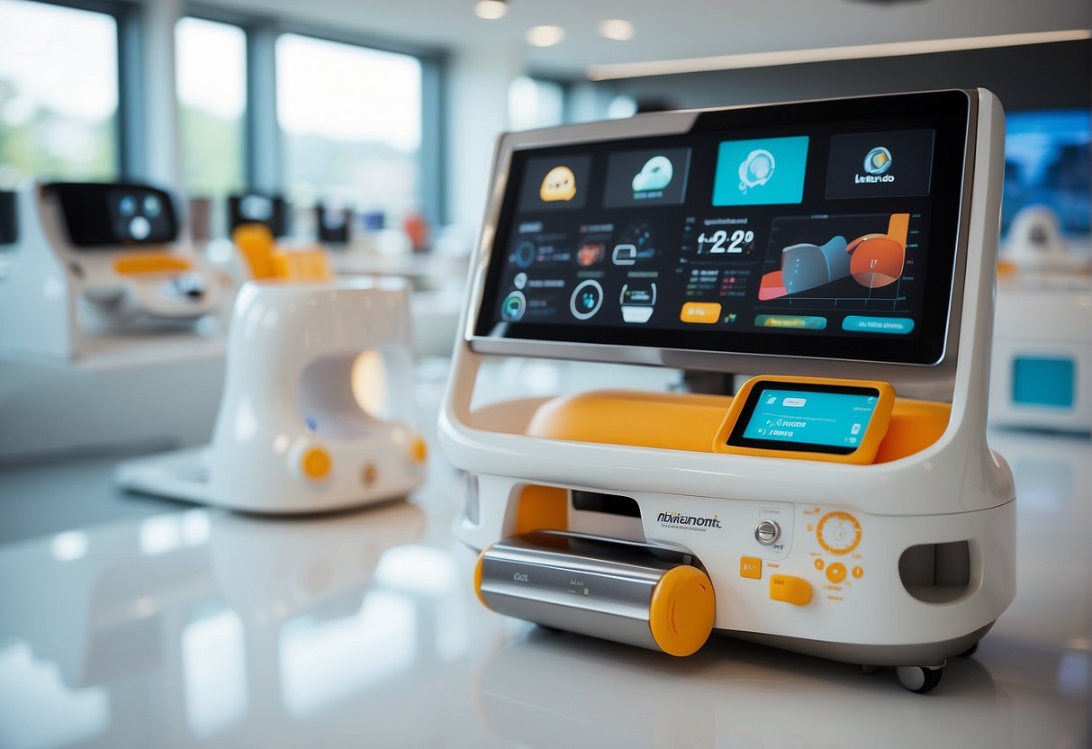 A modern nursery with high-tech baby gadgets on display, including smart monitors and automated feeding devices. Bright colors and sleek designs give the space a futuristic feel