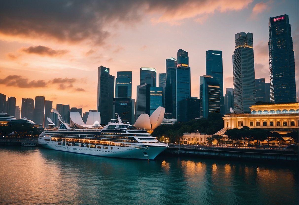 A vibrant cityscape of Singapore with iconic landmarks and a cruise ship docked at the bustling harbor, surrounded by colorful promotions and advertisements for Southeast Asia travel