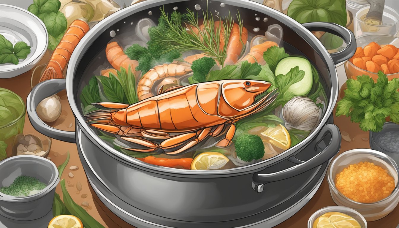 Fresh seafood and vegetables being added to a boiling pot of flavorful broth, with aromatic herbs and spices being sprinkled in