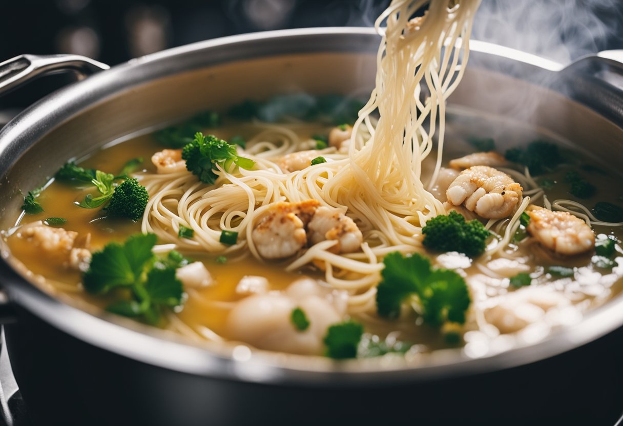 Crab bee hoon soup being prepared in a large pot over a stove, with ingredients being added and stirred together