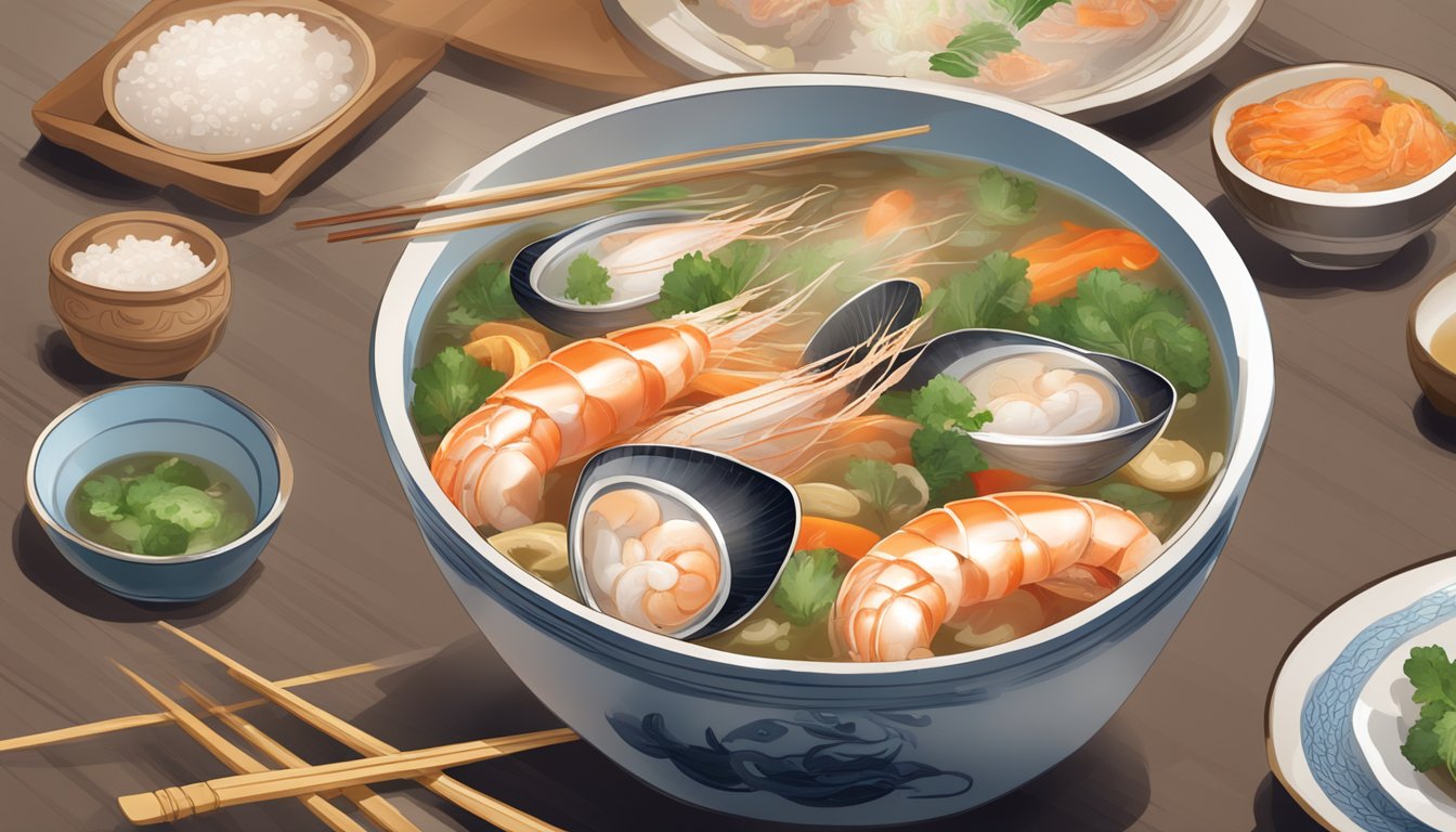 A steaming bowl of Chinese seafood soup sits on a table, surrounded by chopsticks and a spoon. Steam rises from the broth, filled with shrimp, fish, and vegetables