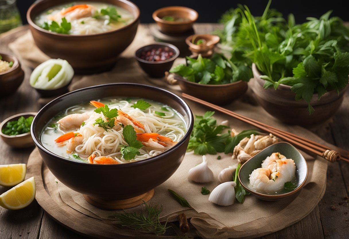 A steaming bowl of crab bee hoon soup sits on a rustic wooden table, surrounded by scattered ingredients like fresh crab, rice noodles, and aromatic herbs