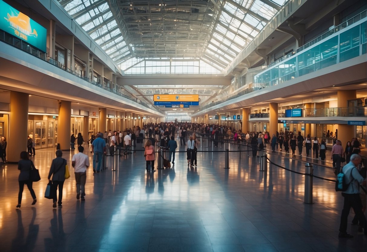 A bustling cruise terminal with colorful promotional banners and a queue of eager travelers seeking information