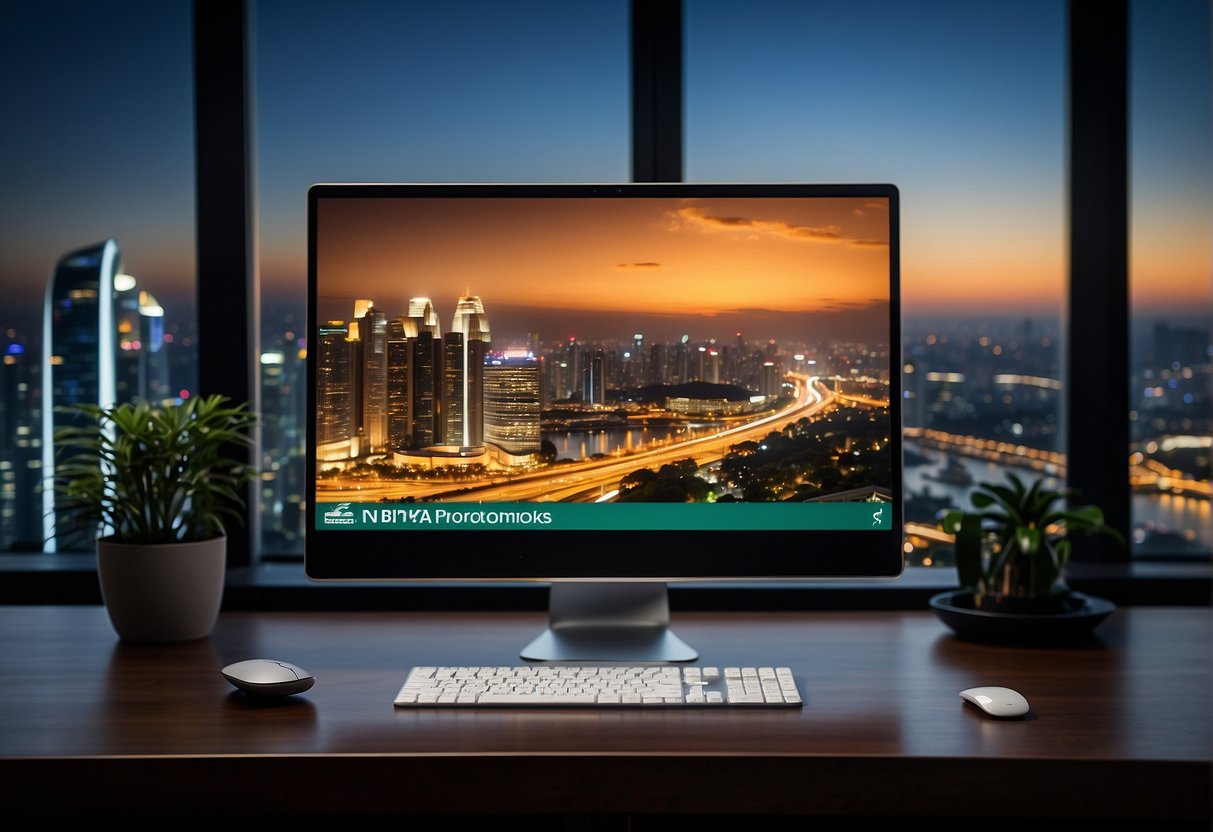 A computer screen displaying PIA VPN promotions with a Singapore backdrop