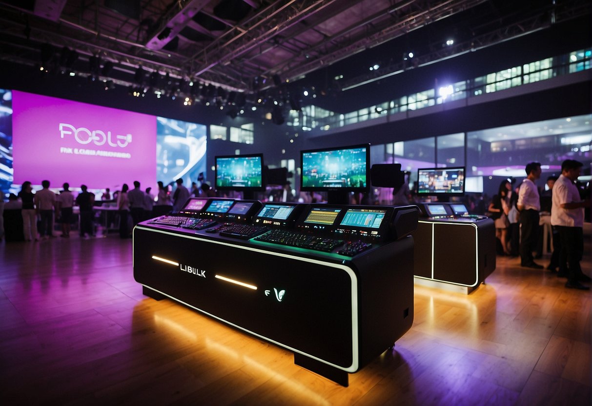 A colorful array of high-tech gadgets and entertainment setups fill a bustling event space in Singapore, creating an electrifying atmosphere for the "Entertainment Tech Extravaganza" promotional event