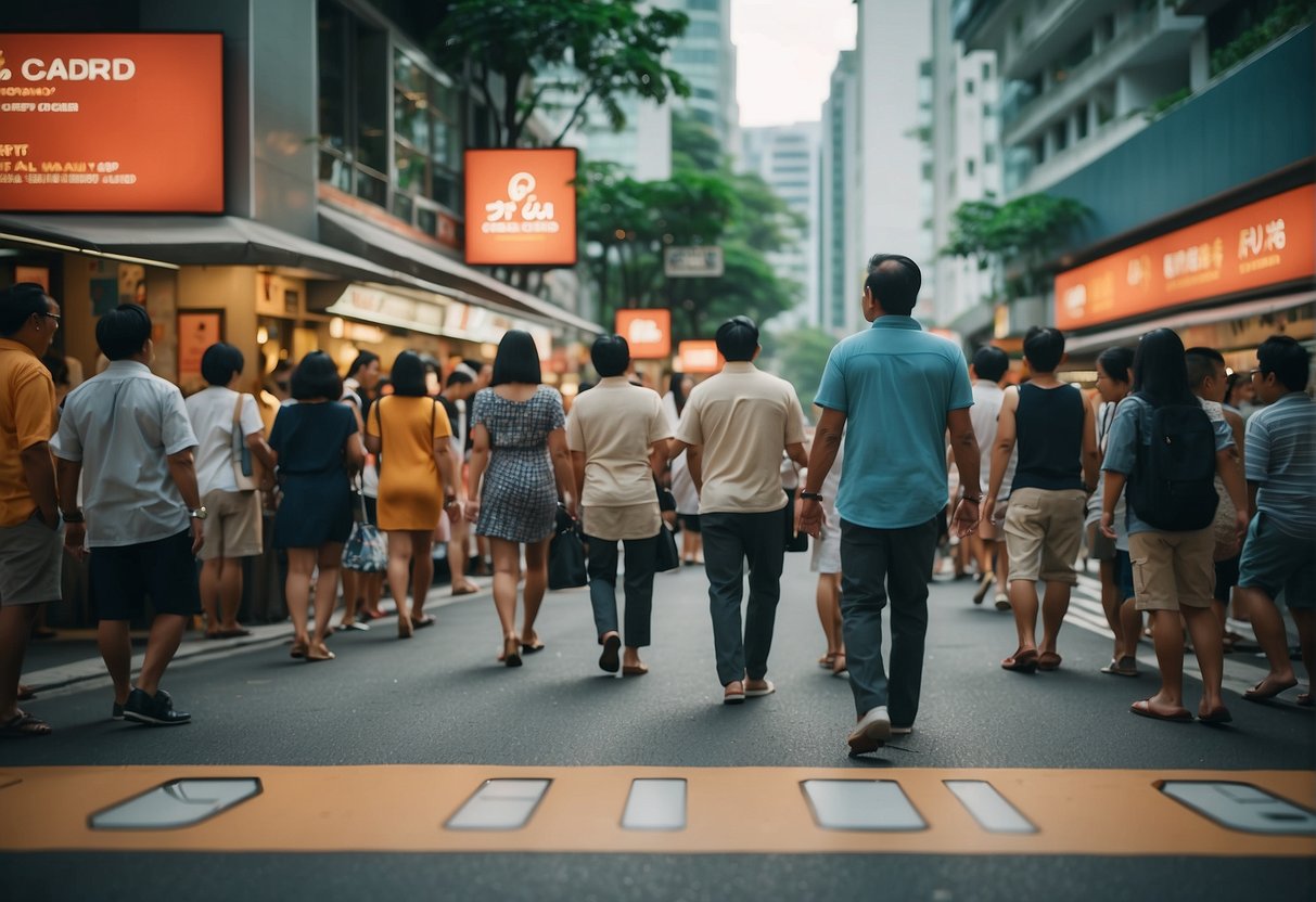 A bustling Singapore street with Pierre Cardin promotions signage, surrounded by curious onlookers and potential customers