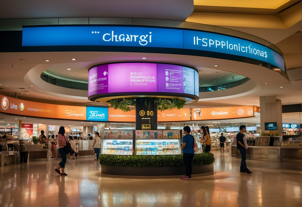 Vibrant display of iShopChangi promotions in Singapore. Bright colors, attractive signage, and bustling activity