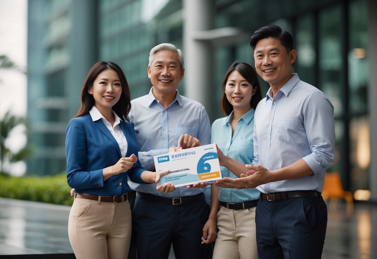 A group of people receiving promotional materials for insurance in Singapore. A banner with the company's logo and a display of different insurance packages are featured prominently