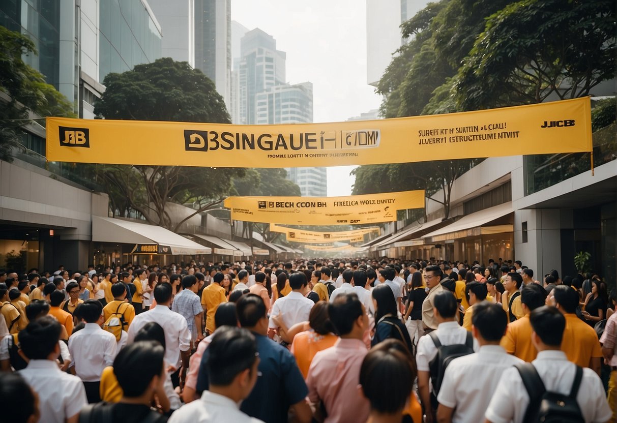 A bustling Singapore street with JCB banners, crowded with excited attendees at the exclusive JCB Promotions event