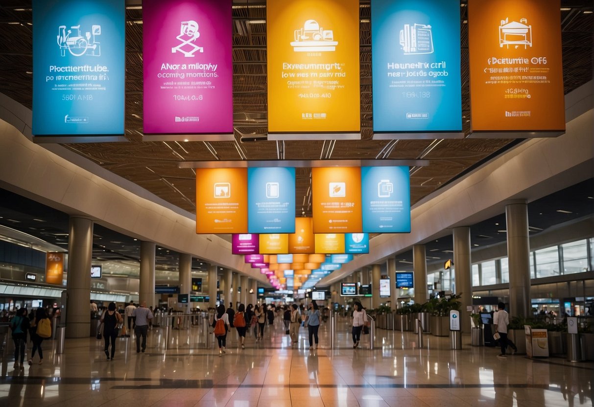 Colorful banners and signs adorn the bustling Changi Airport, showcasing exciting promotions at iShopChangi in Singapore