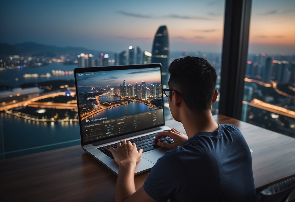 A person using a laptop, clicking on VPN features with a cityscape of Singapore in the background