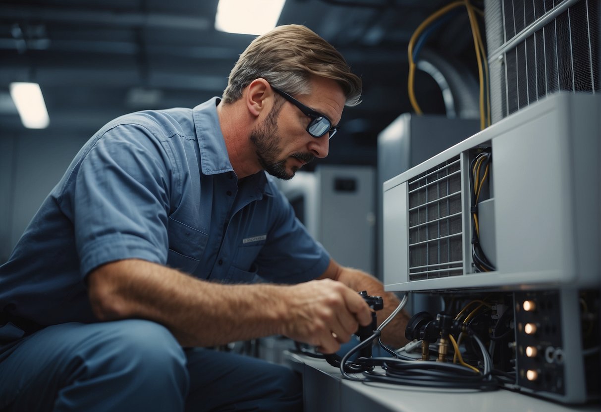 A technician inspects and cleans HVAC components, checking filters and ducts for optimal energy efficiency