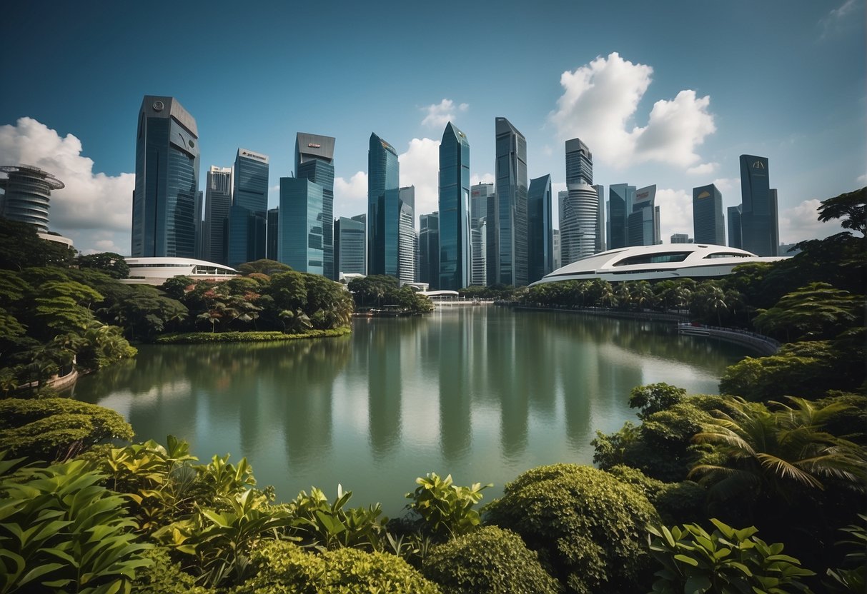 A vibrant cityscape with iconic Singapore landmarks in the background, surrounded by modern buildings and lush greenery. The foreground features a prominent display of Homegr8 Essential Promotion insurance promotions