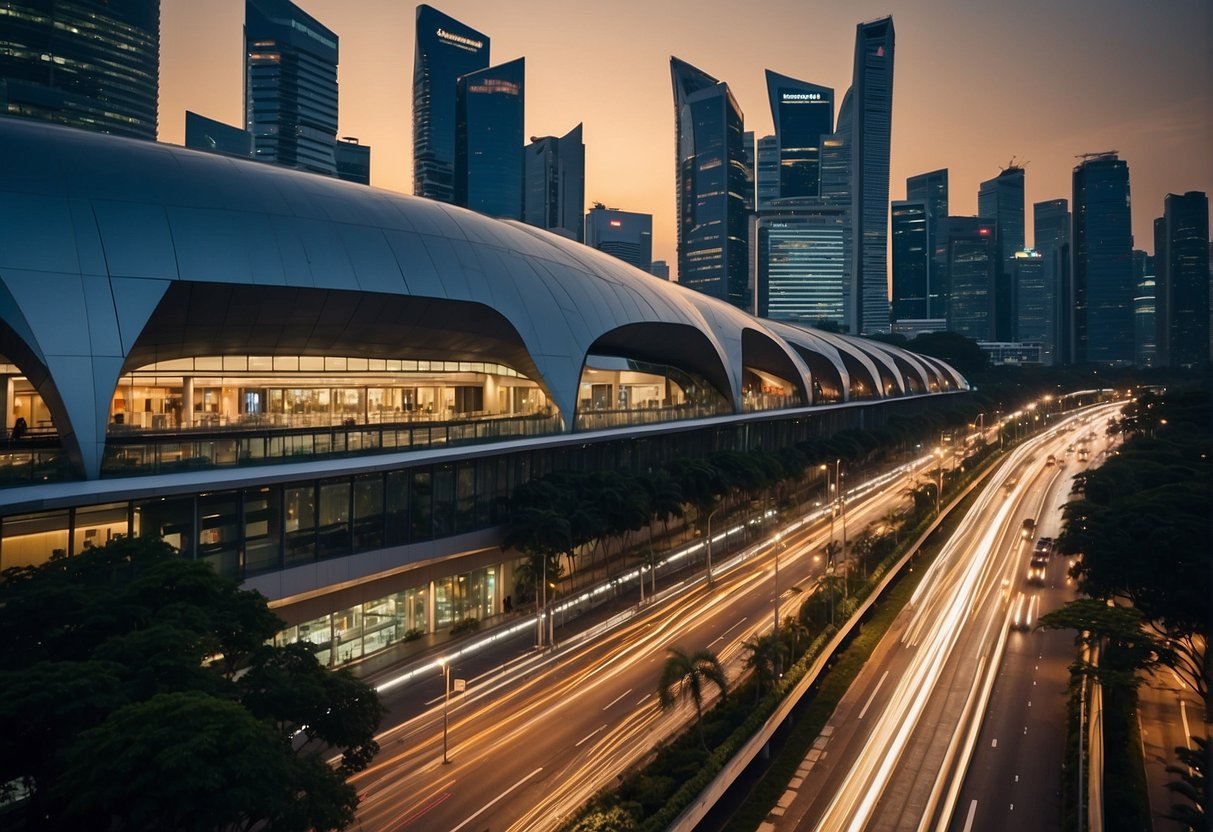 A bustling cityscape in Singapore with prominent signage for Sembcorp electricity promotions. Bright lights and modern architecture create a vibrant and dynamic atmosphere