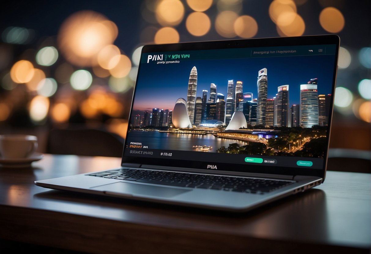 A laptop displaying PIA VPN promotions with a Singapore backdrop