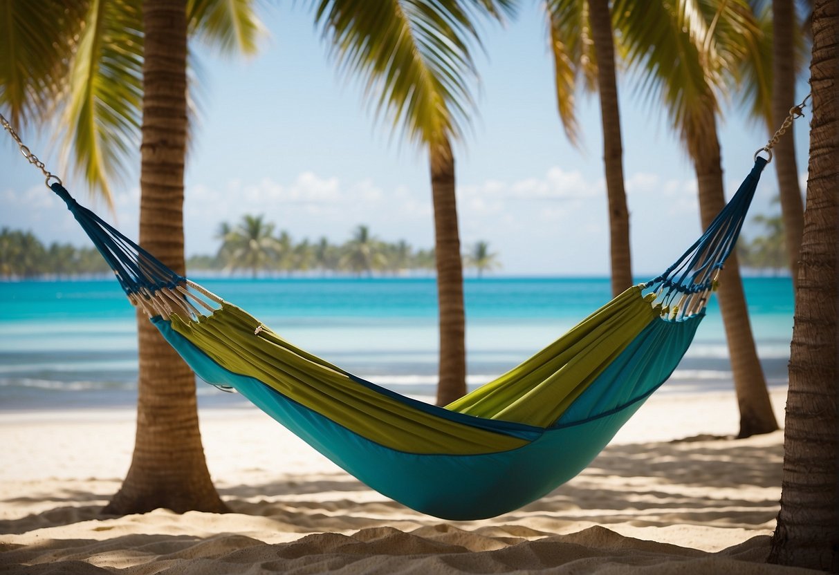 A serene beach with a JCB cardholder relaxing in a hammock, surrounded by palm trees and clear blue waters. A luxurious resort in the background offers a glimpse of leisure and travel benefits