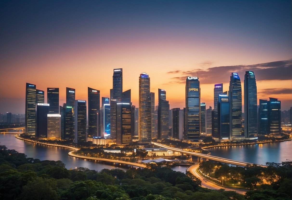 A vibrant cityscape with skyscrapers and a prominent "Homegr8 Plus Exclusive Deal" insurance promotion billboard in Singapore