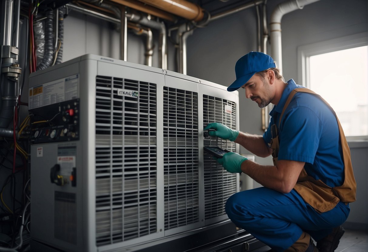 HVAC system being serviced by a technician, cleaning filters, checking components, and adjusting settings for energy efficiency